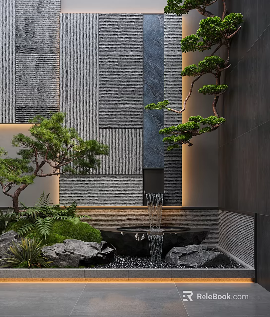 Modern Garden Water Fountain with Potted Pine Trees Green Ferns Natural Stones and Textured Walls 3d model 