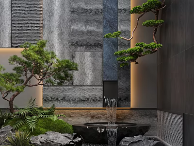 Modern Garden Water Fountain with Potted Pine Trees Green Ferns Natural Stones and Textured Walls 3d model