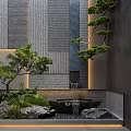 Modern Garden Water Fountain with Potted Pine Trees Green Ferns Natural Stones and Textured Walls