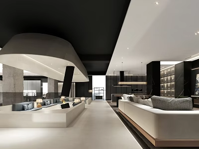 Modern Luxury Exhibition Hall With Open Space Sofas Bookshelves Marble And Lighting Design 3d model