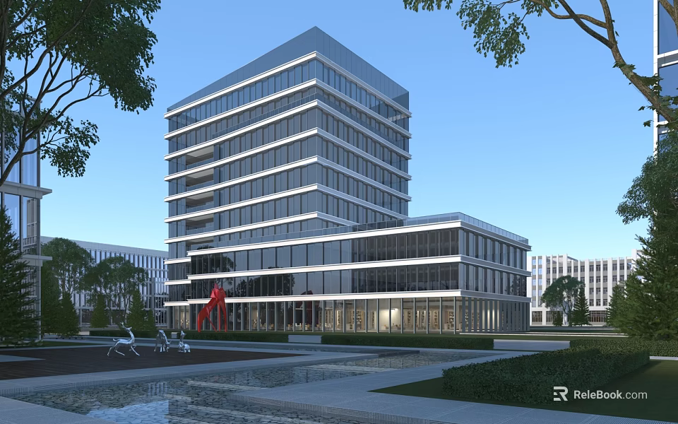 Modern High Rise Office Building With Glass Facade Landscaped Garden Water Feature And Red Sculpture 3d model 