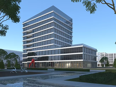 Modern High Rise Office Building With Glass Facade Landscaped Garden Water Feature And Red Sculpture 3d model