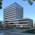 Modern High Rise Office Building With Glass Facade Landscaped Garden Water Feature And Red Sculpture
