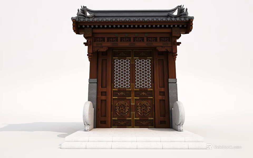 Traditional Chinese Building Facade With Wooden Structure Carved Decorations And Golden Patterned Double Doors 3d model 