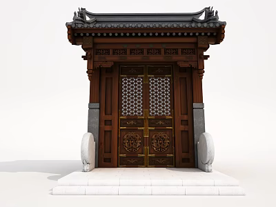 Traditional Chinese Building Facade With Wooden Structure Carved Decorations And Golden Patterned Double Doors 3d model