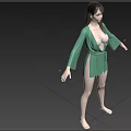 Woman in Green Silk Robe with White Lingerie Standing Barefoot on Gray Background