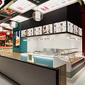 Colorful Restaurant Interior With Red Blue Walls Hanging Lights Tables Chairs And Menu Posters