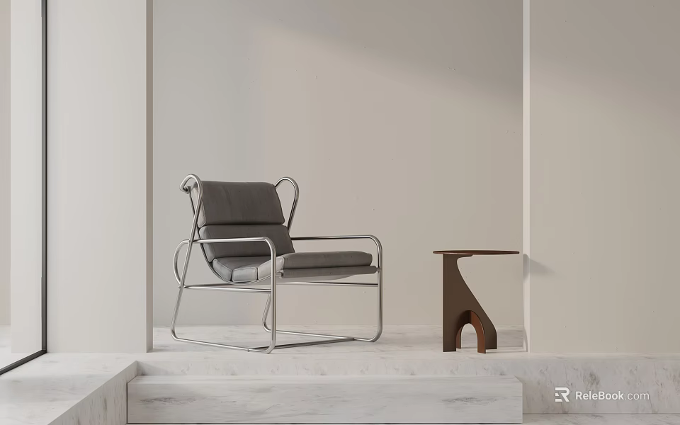 Gray Leisure Chair With Metal Frame And Side Table By Light Wall And Marble Steps 3d model 