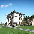 Two Story Detached Villa With Black Tiles Roof Parking Space Green Lawn And Swimming Pool