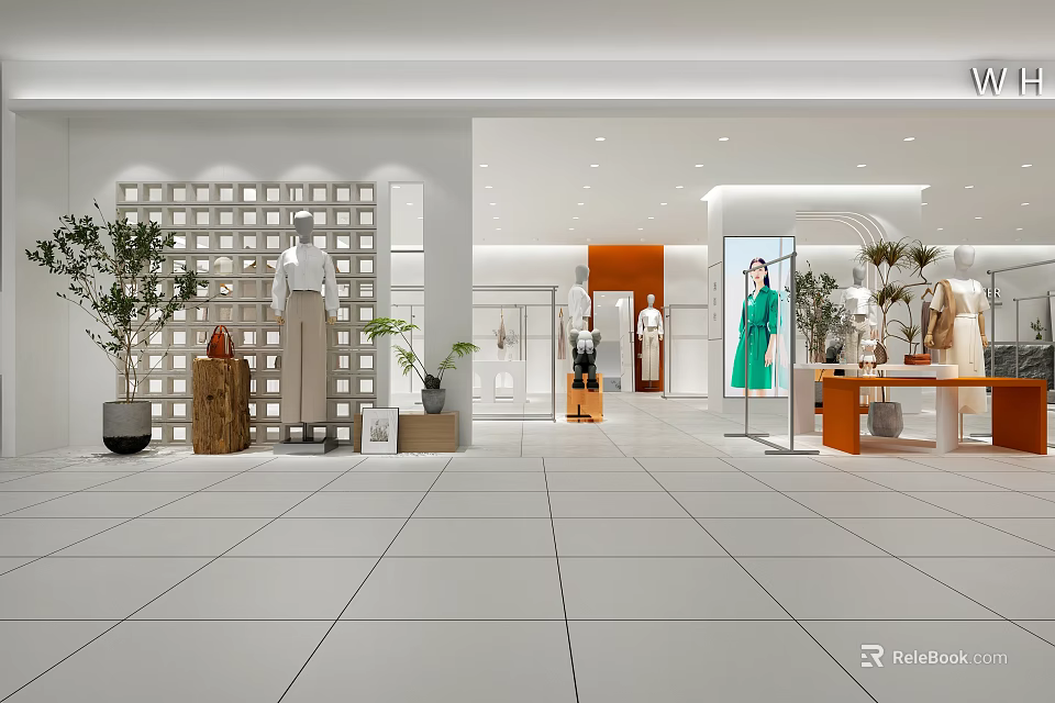 Elegant Modern Clothing Store Interior With Fashion Displays Mannequins And Shelves 3d model 