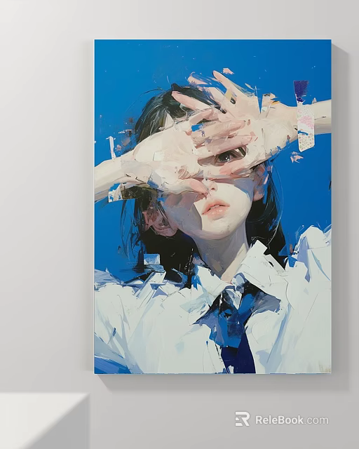 Figurative Painting of a Girl Covering Eyes with Hands Blue Background White Shirt Oil Brushstrokes 3d model 