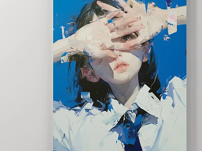 Figurative Painting of a Girl Covering Eyes with Hands Blue Background White Shirt Oil Brushstrokes 3d model