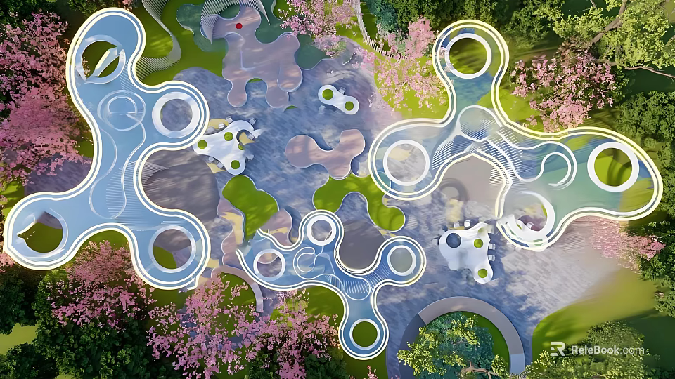 Modern Garden Landscape Design With Circular Pathways Green Lawns And Cherry Blossom Trees 3d model 
