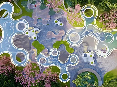 Modern Garden Landscape Design With Circular Pathways Green Lawns And Cherry Blossom Trees 3d model