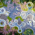 Modern Garden Landscape Design With Circular Pathways Green Lawns And Cherry Blossom Trees