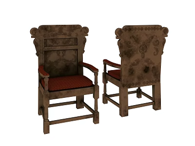 Ornate Antique Carved Wooden Armchairs With Red Seat Cushions Show Front And Back Views 3d model