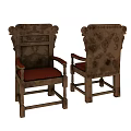 Ornate Antique Carved Wooden Armchairs With Red Seat Cushions Show Front And Back Views