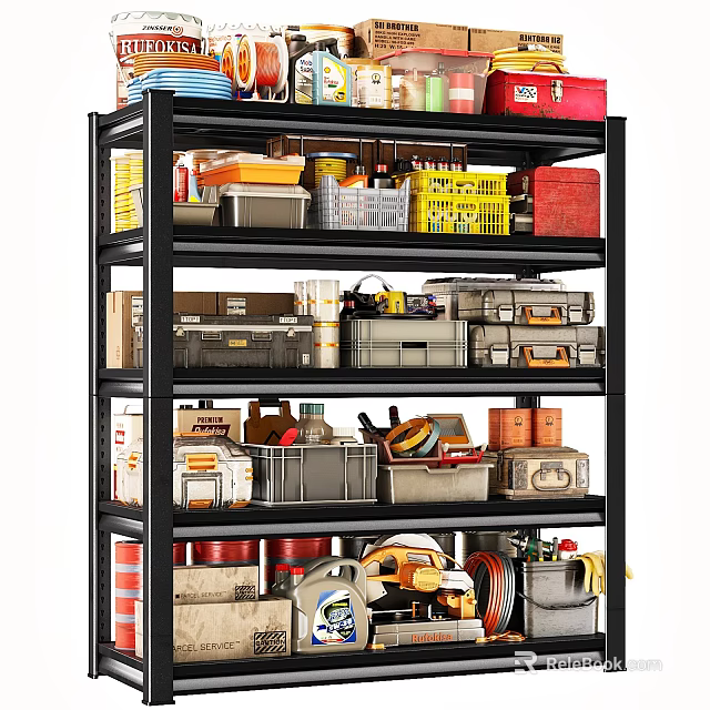 Multi Tier Storage Shelf Organized With Toolboxes Bins And Cans In Workshop 3d model