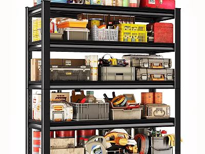 Multi Tier Storage Shelf Organized With Toolboxes Bins And Cans In Workshop 3d model