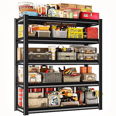 Multi Tier Storage Shelf Organized With Toolboxes Bins And Cans In Workshop 3d model