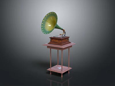 Vintage Gramophone With Green Horn And Wooden Base On Table Stand 3d model