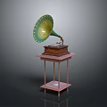 Vintage Gramophone With Green Horn And Wooden Base On Table Stand