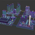Futuristic City Architecture 3D Model With Tall Buildings Neon Lights And Connected Structures