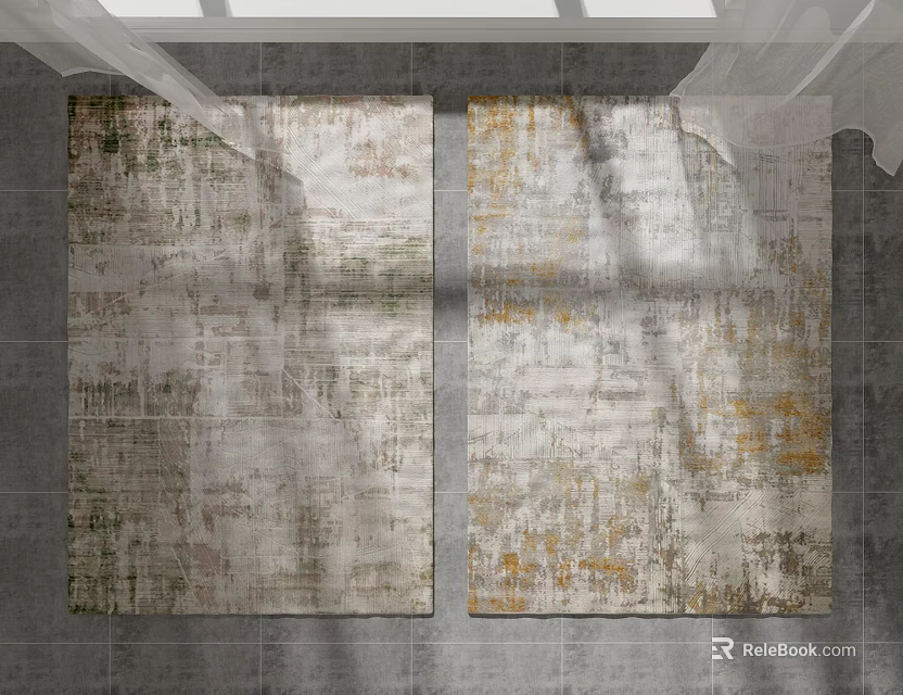 Two Square Rugs With Distressed Texture Green Yellow Tones On Gray Floor 3d model 