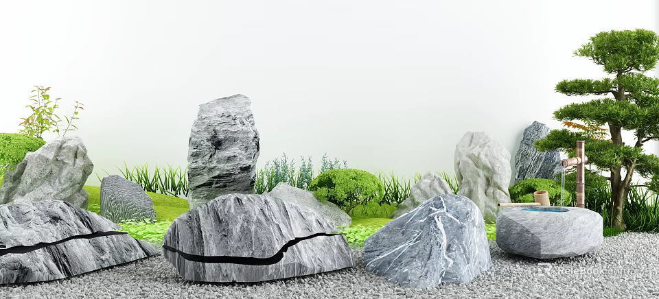 Karesansui Rock Garden Design With Large Stones Small Green Plants Gravel And Serene Zen Landscape 3d model 