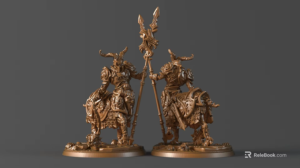 Golden Knight On Horse Sculptures With Elaborate Details Holding Weapons On Round Base 3d model 