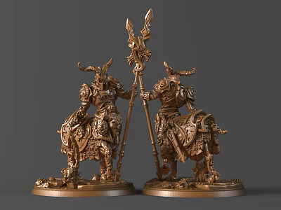 Golden Knight On Horse Sculptures With Elaborate Details Holding Weapons On Round Base 3d model