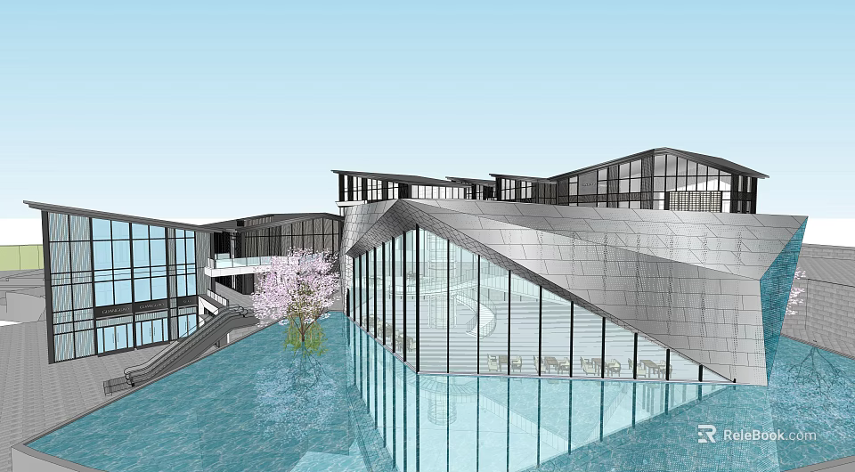 Modern Commercial Street With Glass Buildings Water Feature And Cherry Blossom Tree 3d model 