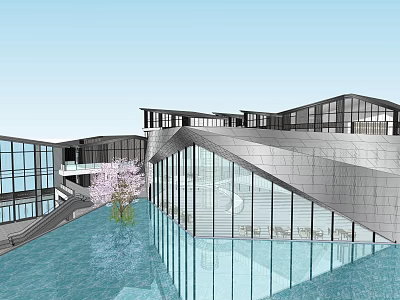Modern Commercial Street With Glass Buildings Water Feature And Cherry Blossom Tree 3d model