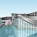 Modern Commercial Street With Glass Buildings Water Feature And Cherry Blossom Tree