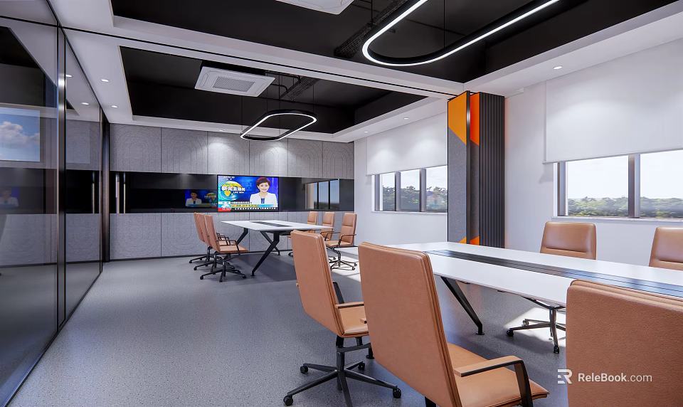 Modern Conference Room Interior With White Tables Brown Rolling Chairs Modern Lighting And Display Screen 3d model 