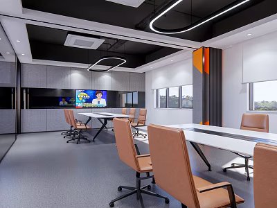 Modern Conference Room Interior With White Tables Brown Rolling Chairs Modern Lighting And Display Screen 3d model