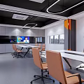 Modern Conference Room Interior With White Tables Brown Rolling Chairs Modern Lighting And Display Screen