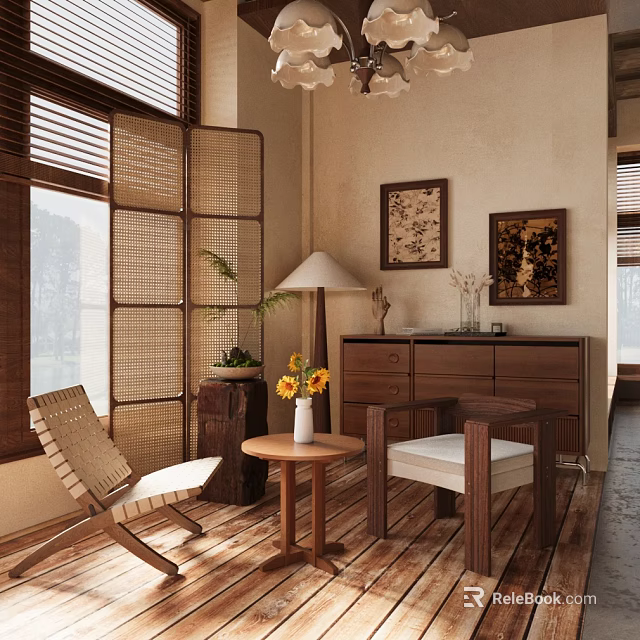 Stylish Accent Chairs with Woven Bamboo Screens and Wooden Furniture in Cozy Living Room Interior 3d model 