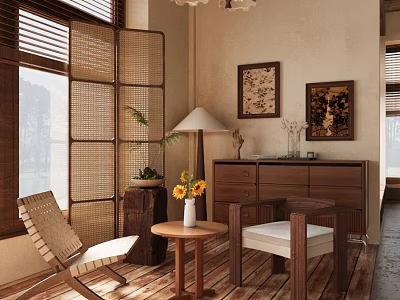 Stylish Accent Chairs with Woven Bamboo Screens and Wooden Furniture in Cozy Living Room Interior 3d model