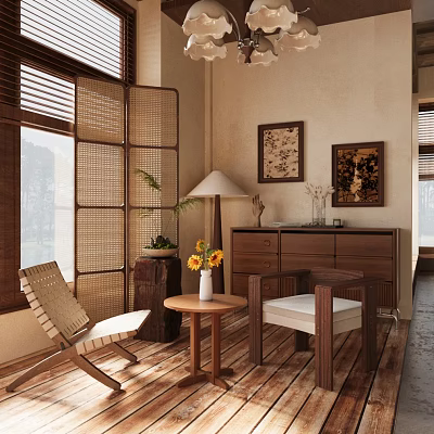 Stylish Accent Chairs with Woven Bamboo Screens and Wooden Furniture in Cozy Living Room Interior 3d model