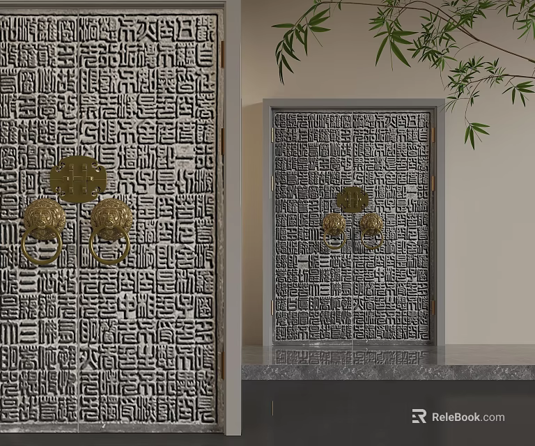 Modern Swing Door With Intricate Carved Patterns And Brass Door Knobs 3d model