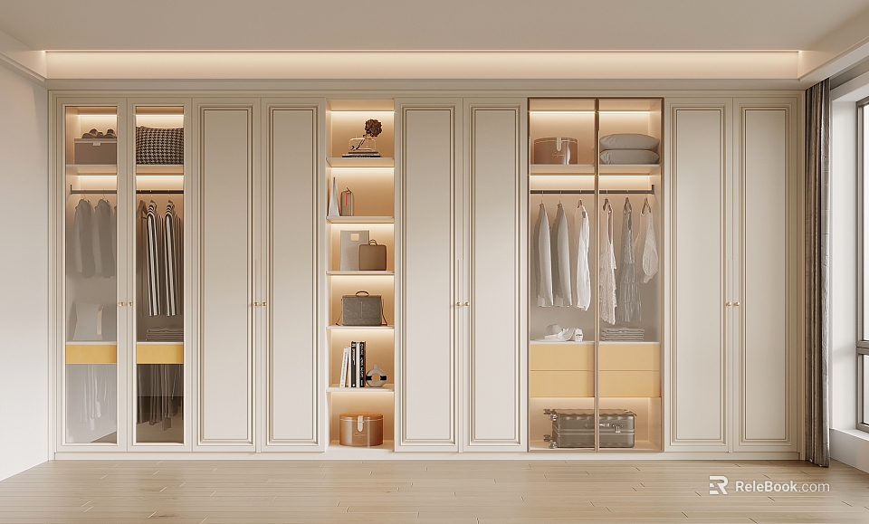Modern White Wardrobe Interior Design With Glass Doors LED Lighting Hanging Rods And Shelves 3d model 