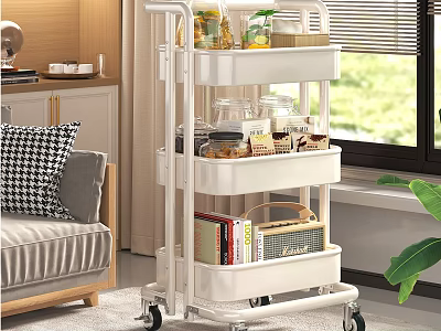 White Three Tier Rolling Cart With Storage Containers Books And Basket In Living Room Interior 3d model