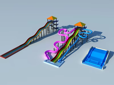 Colorful Water Playground Slides with Spiral and Wave Designs Featuring Canopied Platforms for Kids 3d model