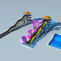 Colorful Water Playground Slides with Spiral and Wave Designs Featuring Canopied Platforms for Kids