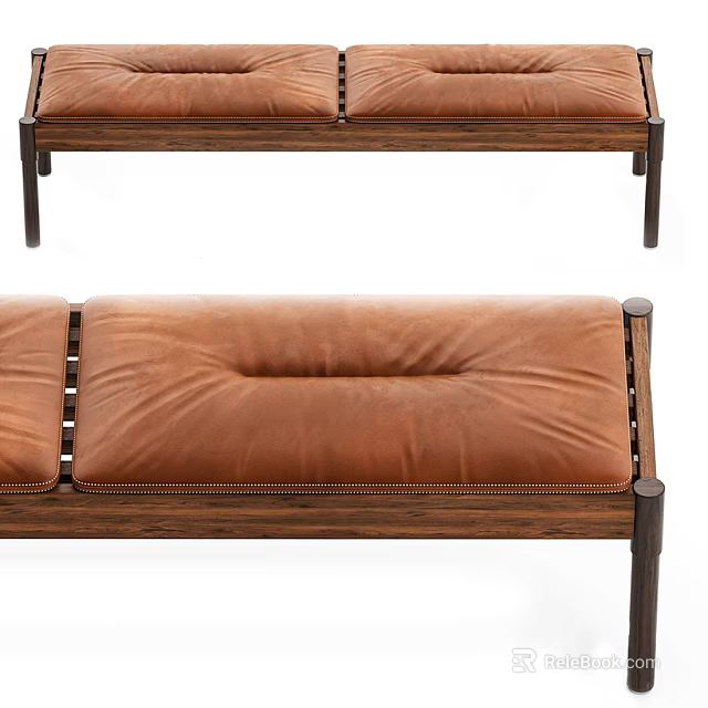 Brown Leather Upholstered Sofa Bench with Wooden Frame and Stitching Details 3d model 
