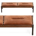 Brown Leather Upholstered Sofa Bench with Wooden Frame and Stitching Details