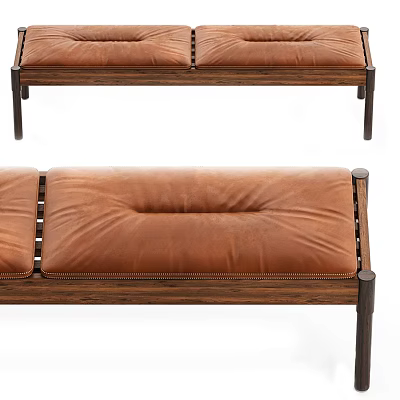 Brown Leather Upholstered Sofa Bench with Wooden Frame and Stitching Details 3d model