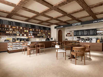 Inviting Café Interior with Wooden Ceiling Beams Shelves Products Coffee Bar and Wooden Furniture 3d model