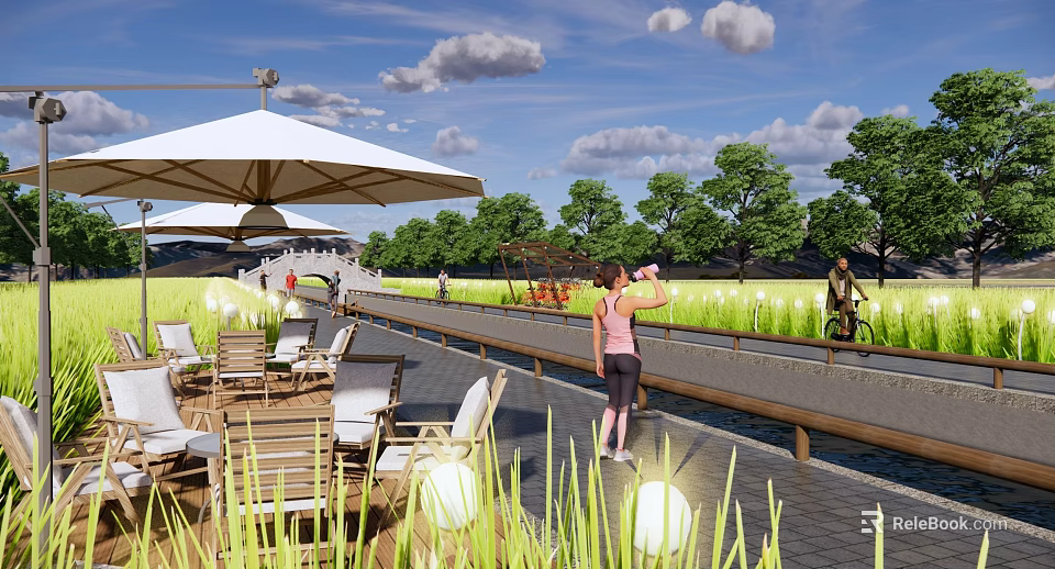 Rural Landscape With Outdoor Seating Area Walking Path People And Cyclist Under Blue Sky 3d model 